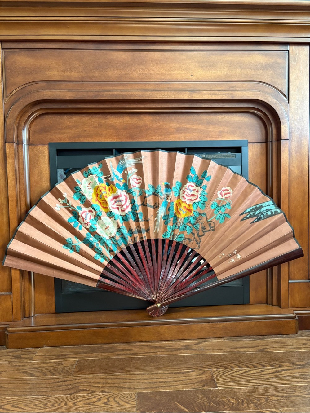 Vintage Asian Folding Wall Fan 38" Peonies Bird Art